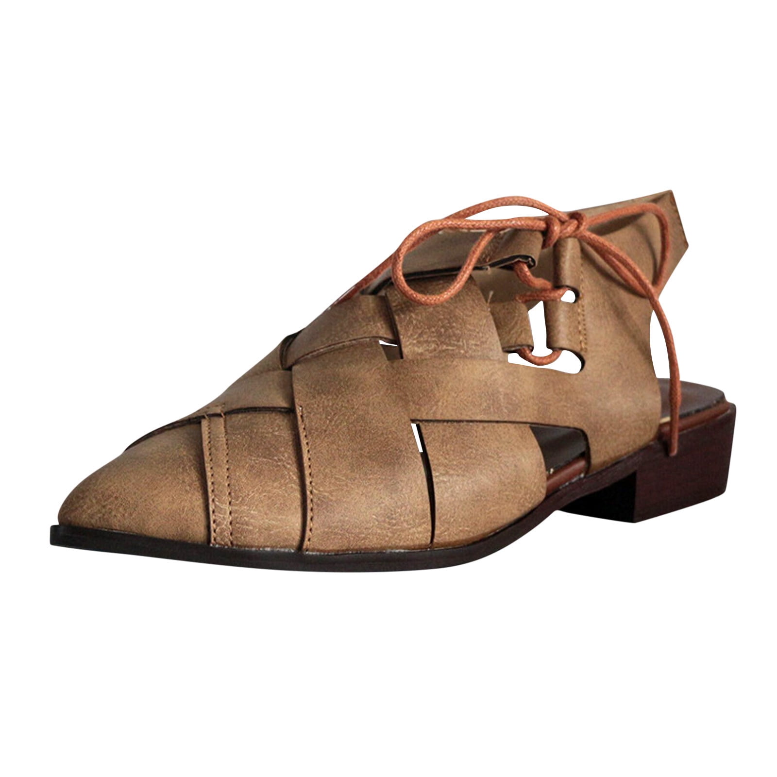 Women's Casual Hollow Side Lace Up Leather Woven Back Low Heel Roman Sandals