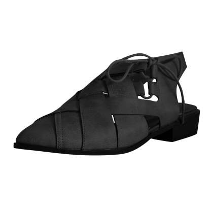 Women's Casual Hollow Side Lace Up Leather Woven Back Low Heel Roman Sandals