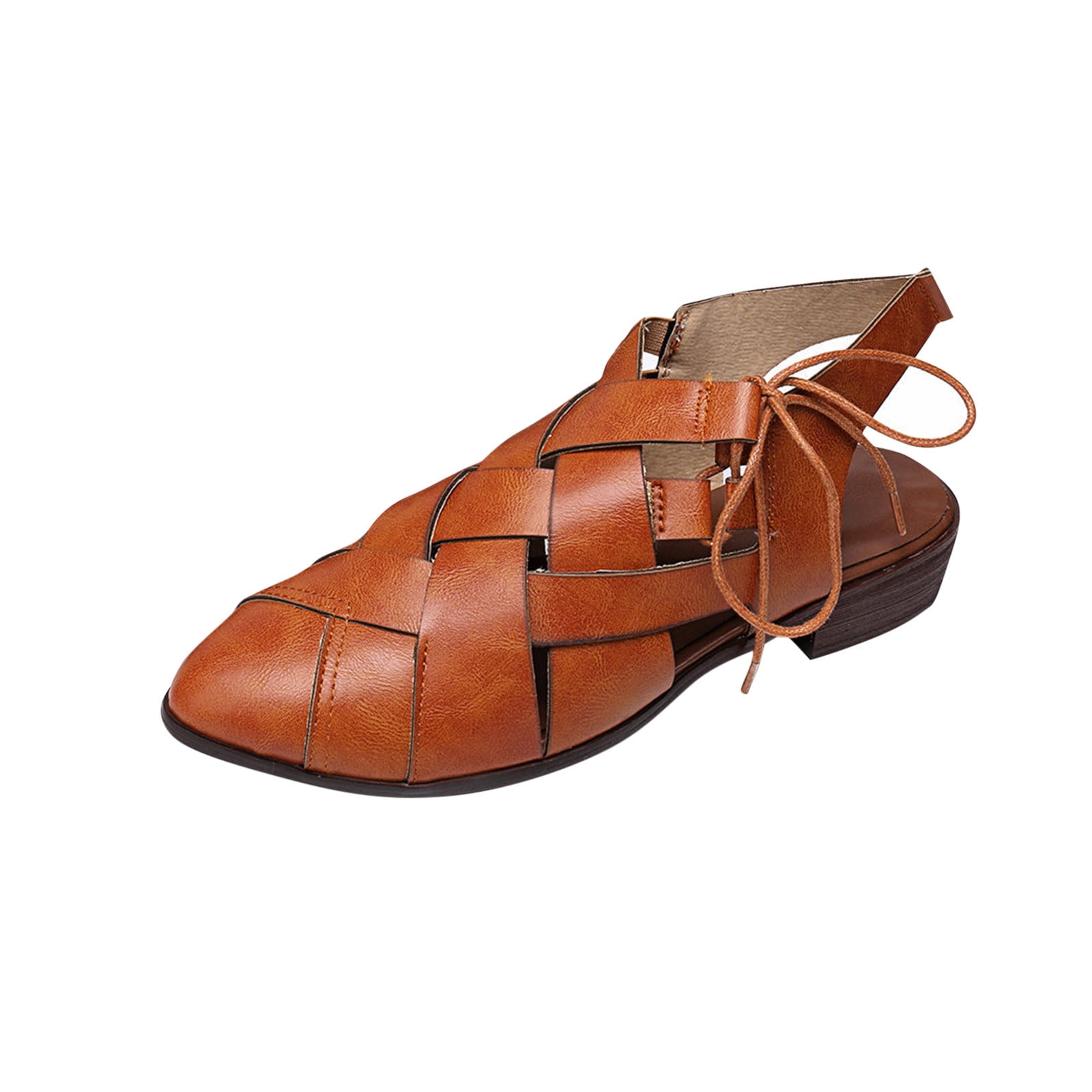 Women's Casual Hollow Side Lace Up Leather Woven Back Low Heel Roman Sandals