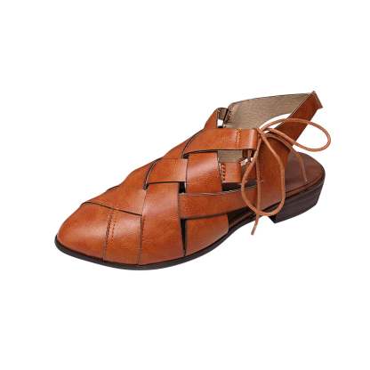 Women's Casual Hollow Side Lace Up Leather Woven Back Low Heel Roman Sandals