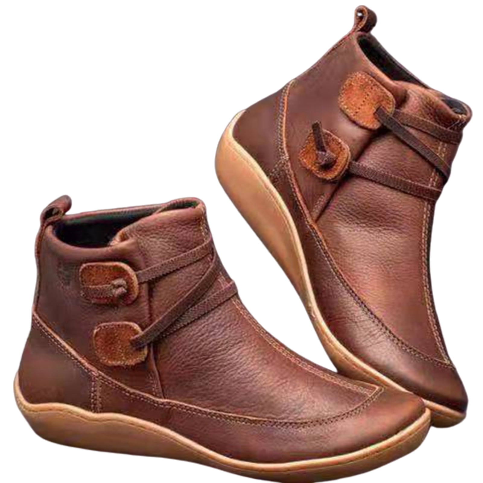 Women Faux Leather Lace Up Low Heel Flat Ankle Boots Plush Liner Warm Shoes