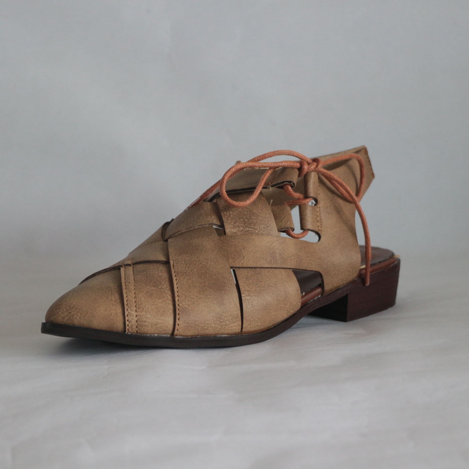 Women's Casual Hollow Side Lace Up Leather Woven Back Low Heel Roman Sandals