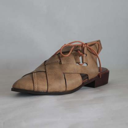 Women's Casual Hollow Side Lace Up Leather Woven Back Low Heel Roman Sandals