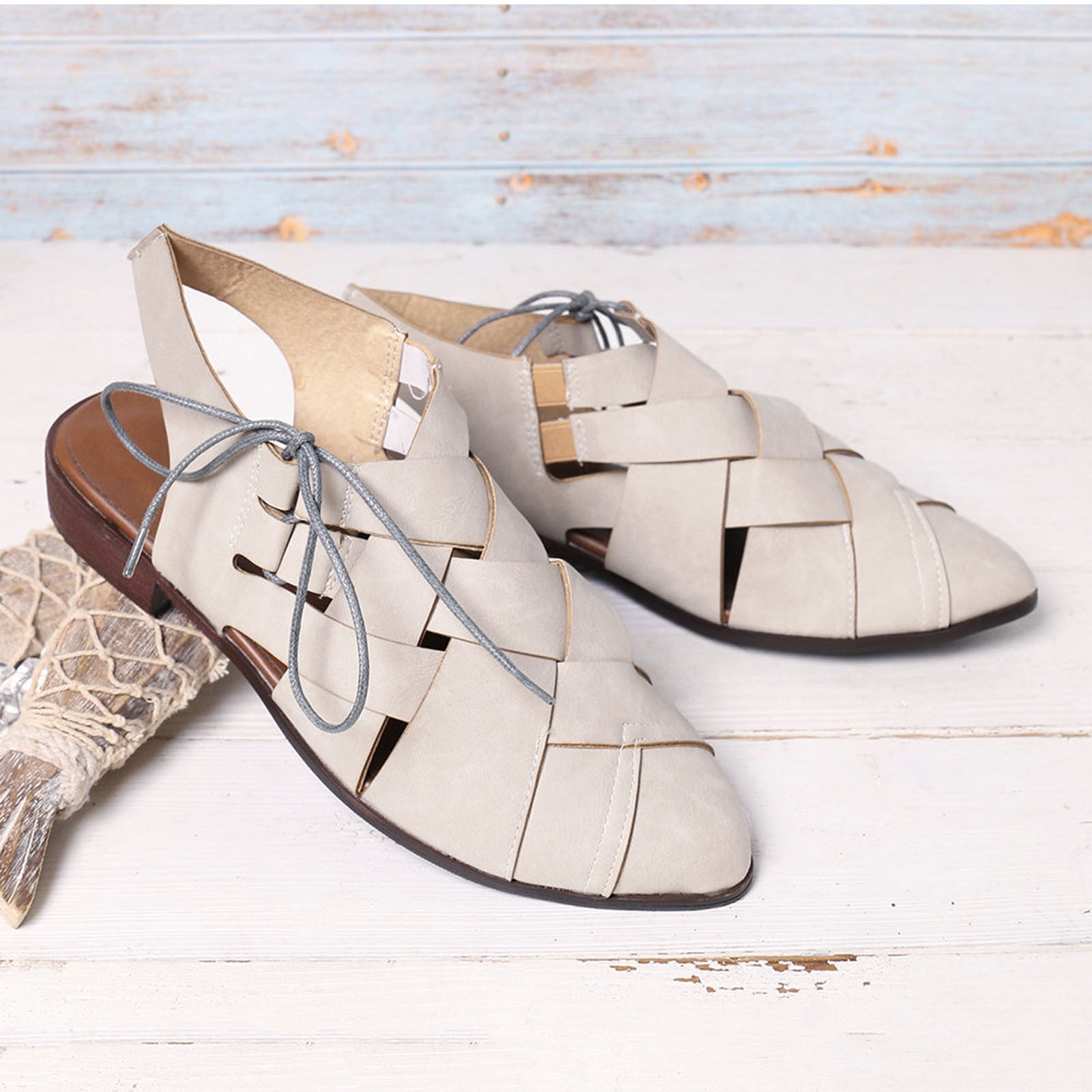 Women's Casual Hollow Side Lace Up Leather Woven Back Low Heel Roman Sandals
