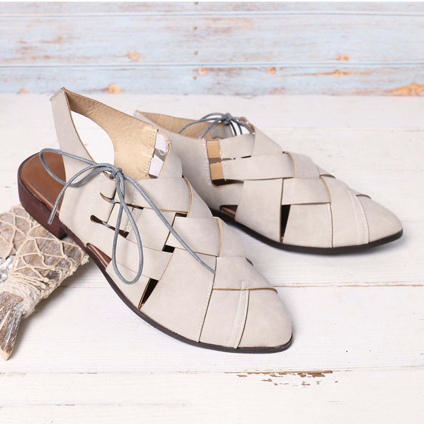 Women's Casual Hollow Side Lace Up Leather Woven Back Low Heel Roman Sandals