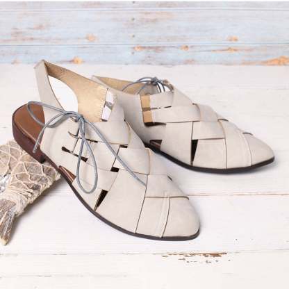 Women's Casual Hollow Side Lace Up Leather Woven Back Low Heel Roman Sandals