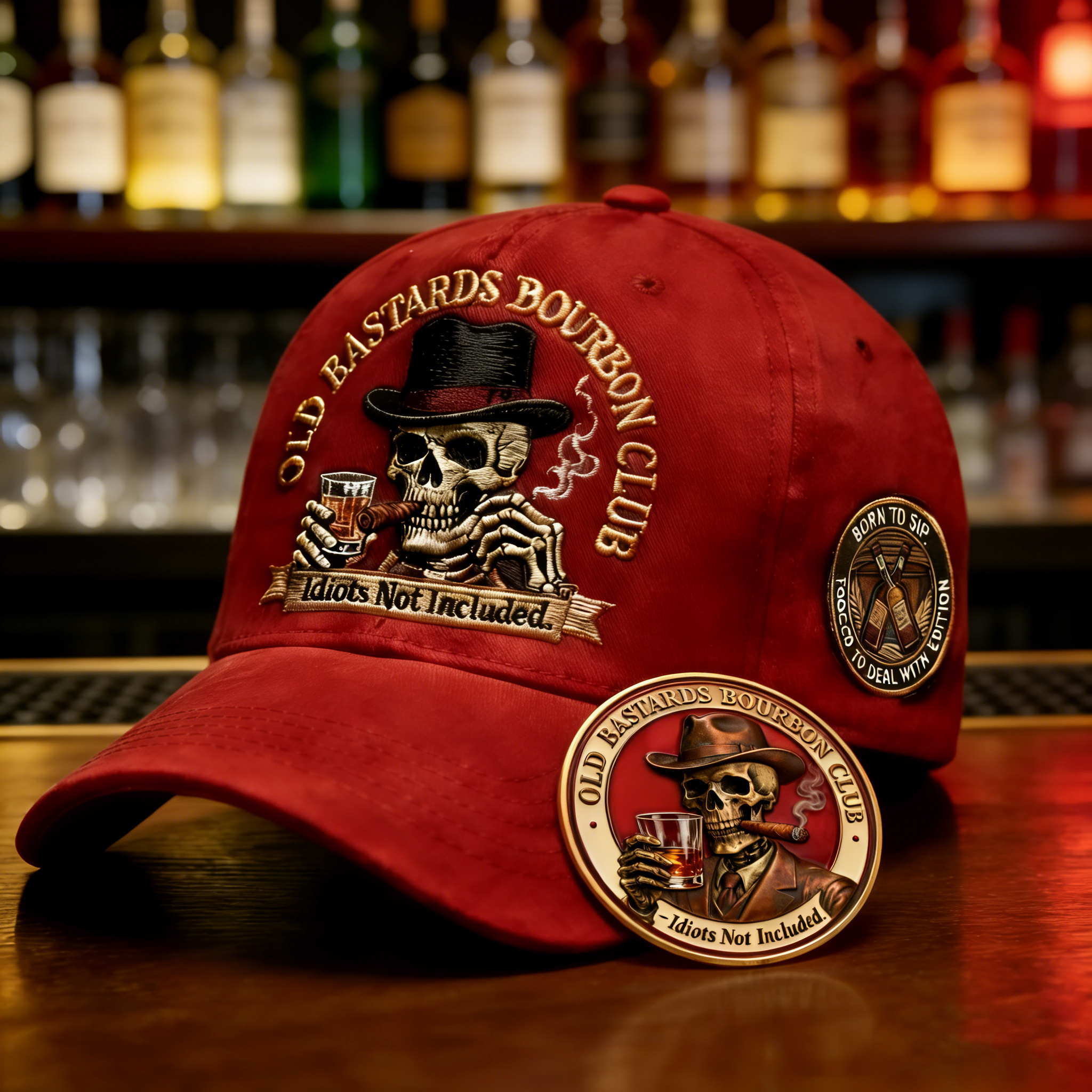 “Old Bastards Bourbon Club Hat — For Men Who Don’t Give a Damn.”