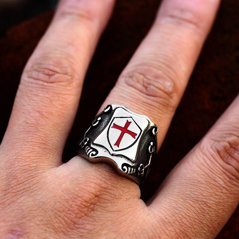 Medieval Style Red Cross Shield Ring with Knightly Design and Engraved Details