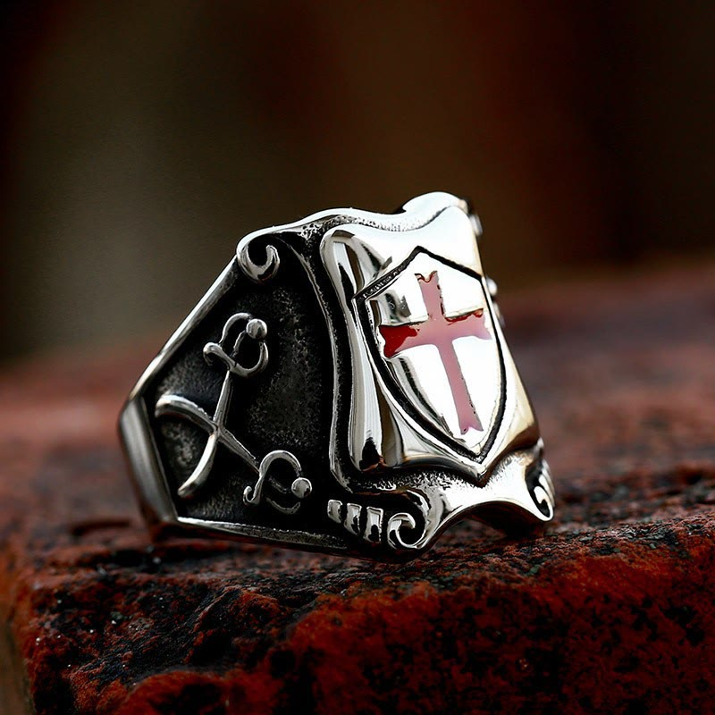 Medieval Style Red Cross Shield Ring with Knightly Design and Engraved Details