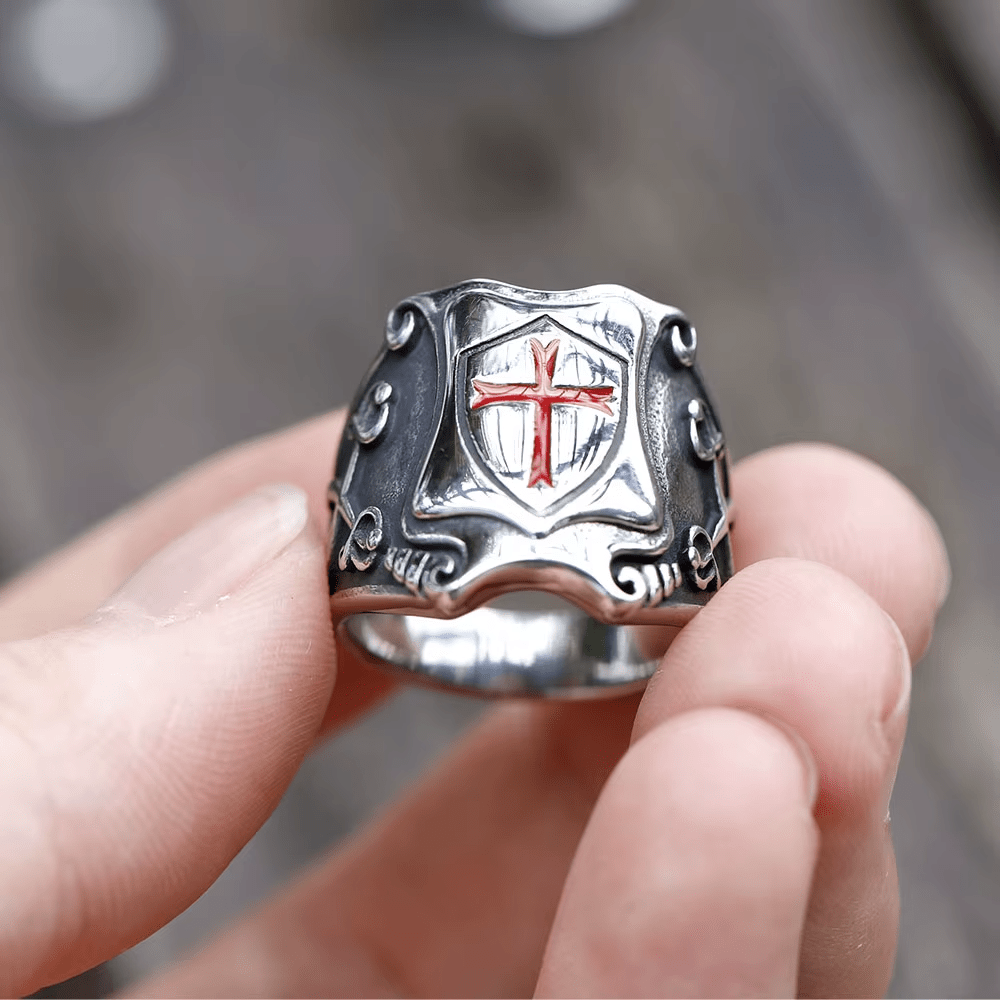Medieval Style Red Cross Shield Ring with Knightly Design and Engraved Details