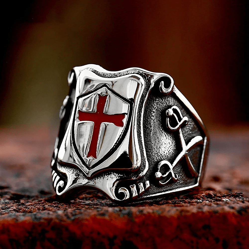 Medieval Style Red Cross Shield Ring with Knightly Design and Engraved Details