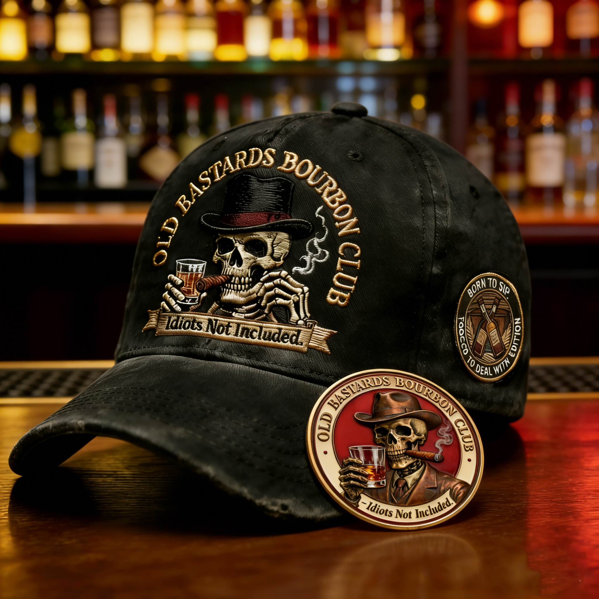 “Old Bastards Bourbon Club Hat — For Men Who Don’t Give a Damn.”