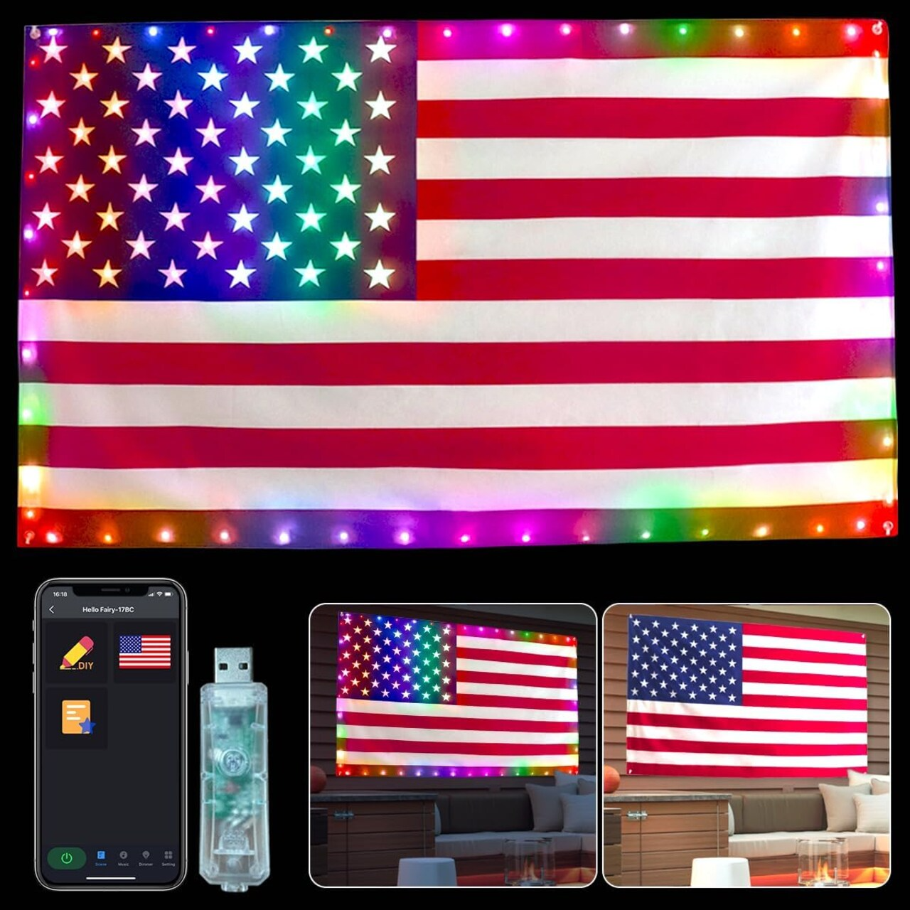 2026 New RGB American Flag Lights 3ft x 5ft 82LED Light up American Flag One Sided