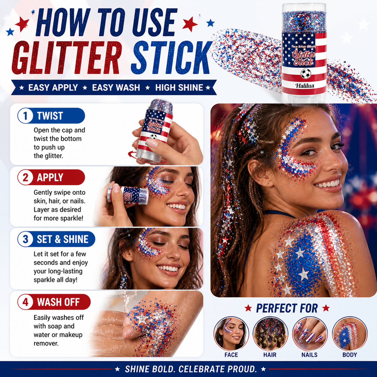 Last Day 49% OFF🔥🦅4th of July Glitter Stick✨🔔Red, White & Blue Body & Hair Sparkle