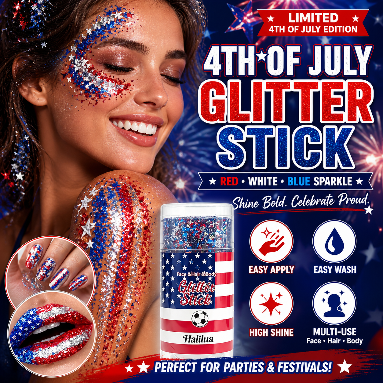 Last Day 49% OFF🔥🦅4th of July Glitter Stick✨🔔Red, White & Blue Body & Hair Sparkle