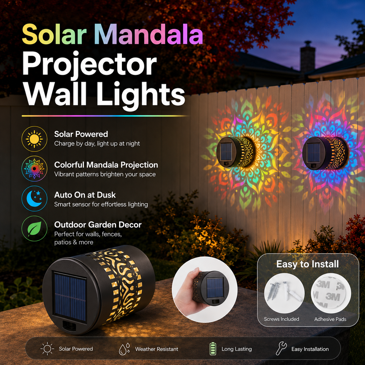 Solar Mandala Projector Wall Lights – Colorful Outdoor Garden Fence Lights 🌈✨
