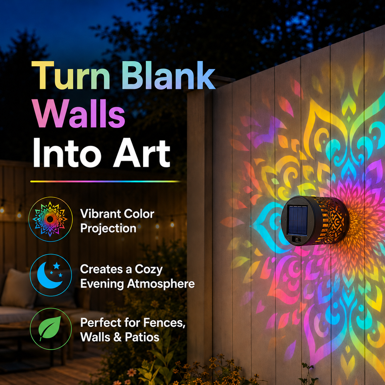 Solar Mandala Projector Wall Lights – Colorful Outdoor Garden Fence Lights 🌈✨