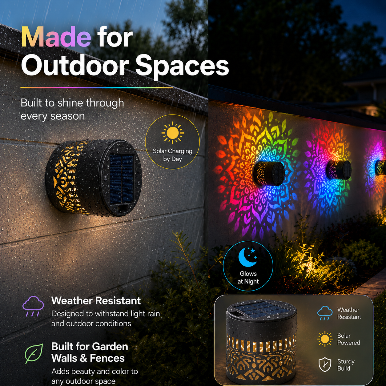 Solar Mandala Projector Wall Lights – Colorful Outdoor Garden Fence Lights 🌈✨