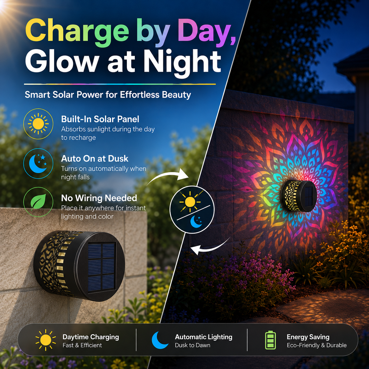 Solar Mandala Projector Wall Lights – Colorful Outdoor Garden Fence Lights 🌈✨