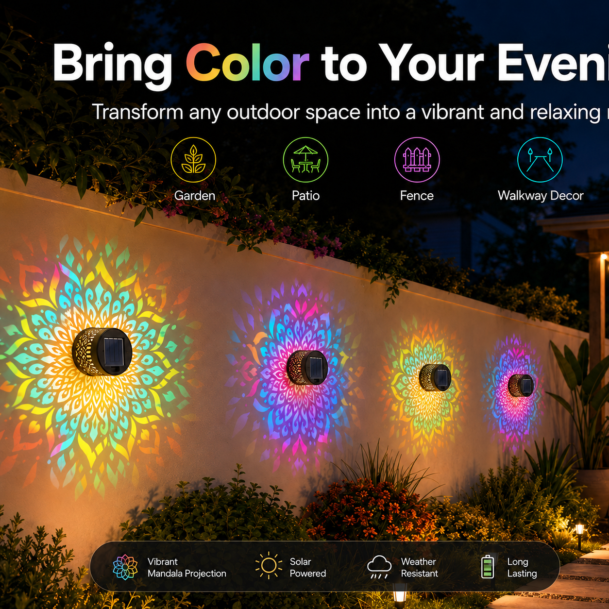 Solar Mandala Projector Wall Lights – Colorful Outdoor Garden Fence Lights 🌈✨