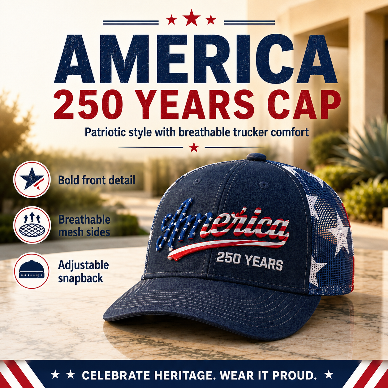 🔥 Last Day--49% Sale - ❤️ 🇺🇸 America 250 Years Patriotic Embroidered Mesh Trucker Cap