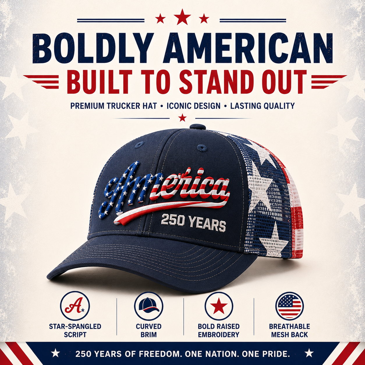 🔥 Last Day--49% Sale - ❤️ 🇺🇸 America 250 Years Patriotic Embroidered Mesh Trucker Cap