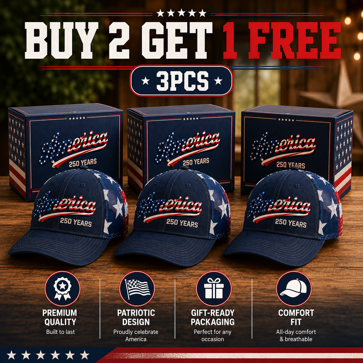 🔥 Last Day--49% Sale - ❤️ 🇺🇸 America 250 Years Patriotic Embroidered Mesh Trucker Cap
