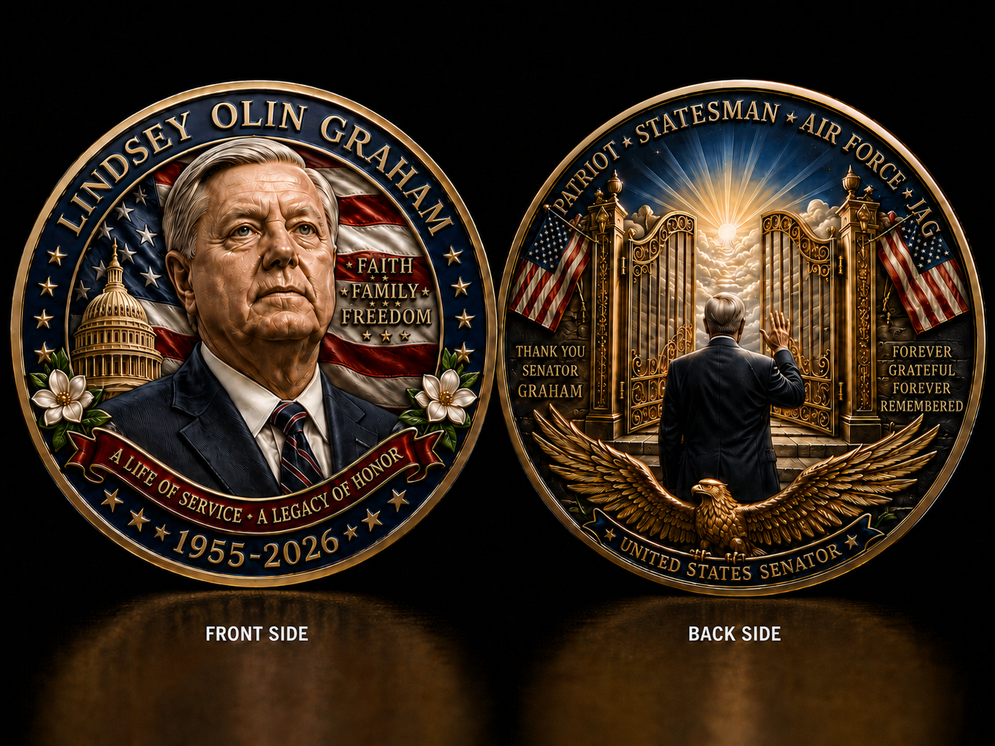 1955–2026 Lindsey Olin Graham Memorial Coin – Faith, Family & Freedom, Patriot • Statesman • Air Force JAG Tribute Collectible