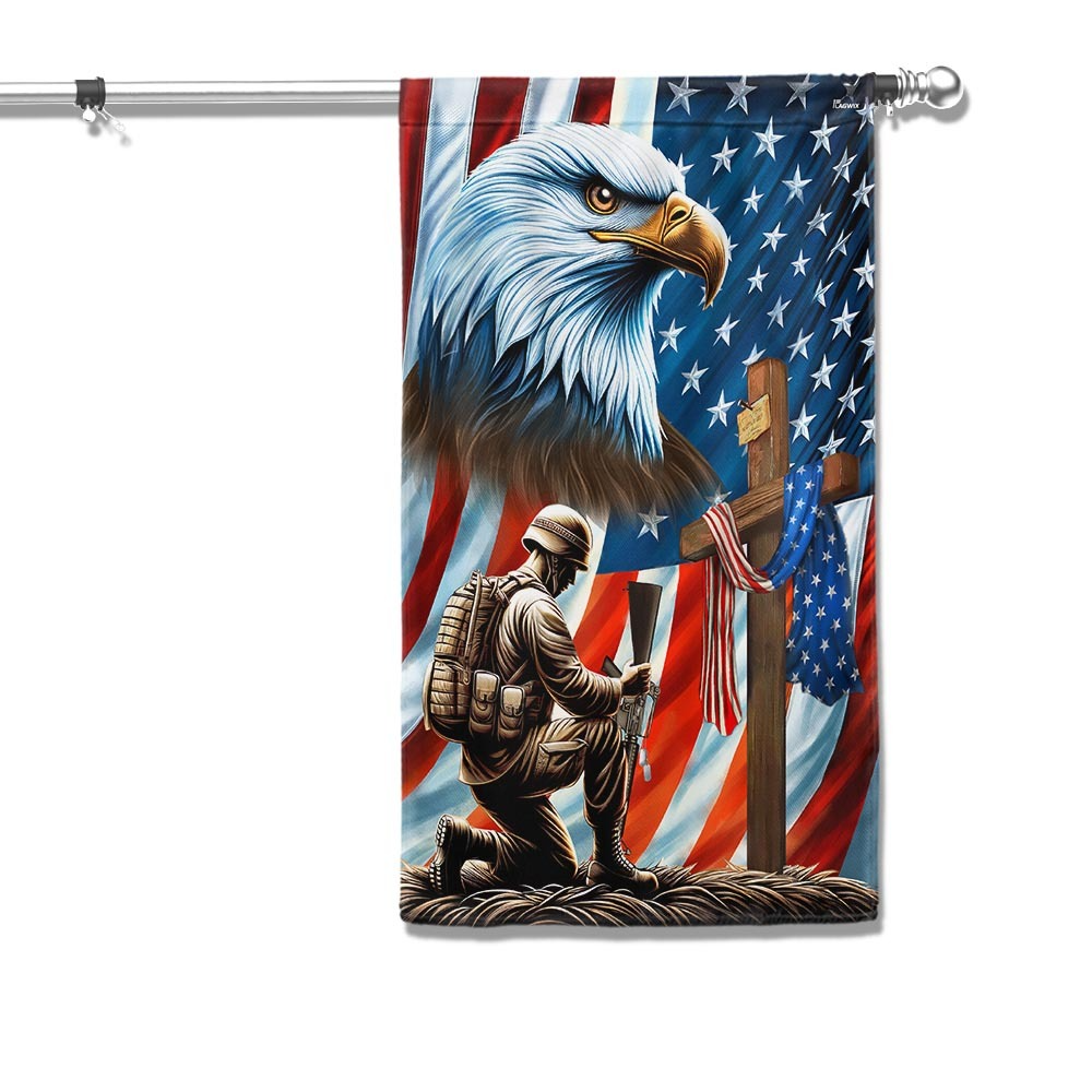 Veterans Day flag, Patriotic Eagle Veteran Kneeling Soldier Christ Cross Memorial Day American Flag （ BUY 2 FREE SHIPPING)