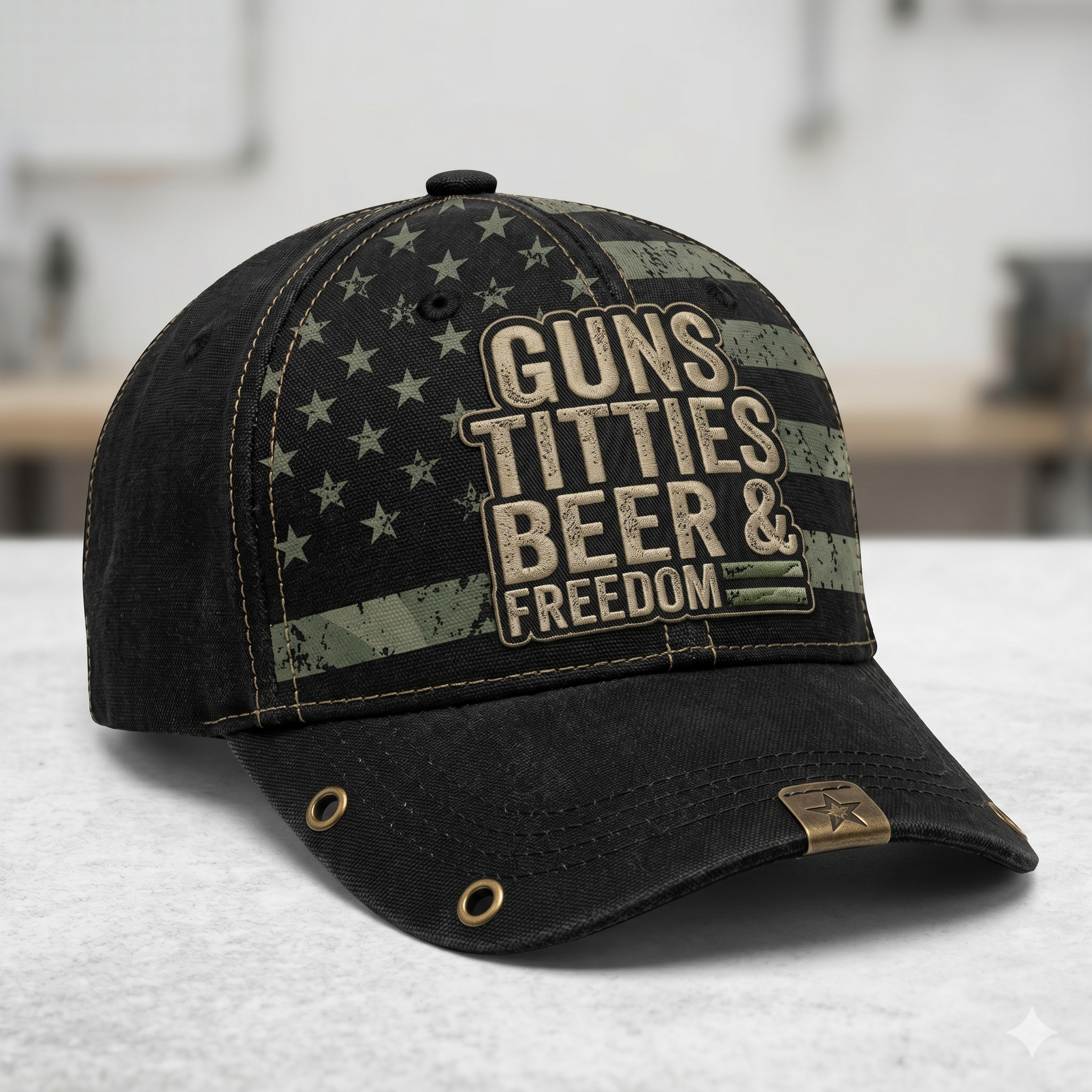 ULTRA-LIMITED C01/100 "GUNS, TITTIES, BEER, & FREEDOM" CAP: SECURE THE VERY FIRST ONE.