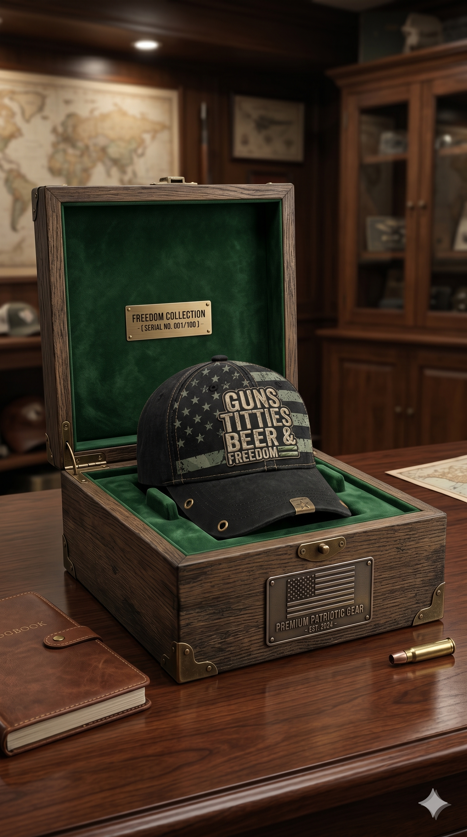 ULTRA-LIMITED C01/100 "GUNS, TITTIES, BEER, & FREEDOM" CAP: SECURE THE VERY FIRST ONE.
