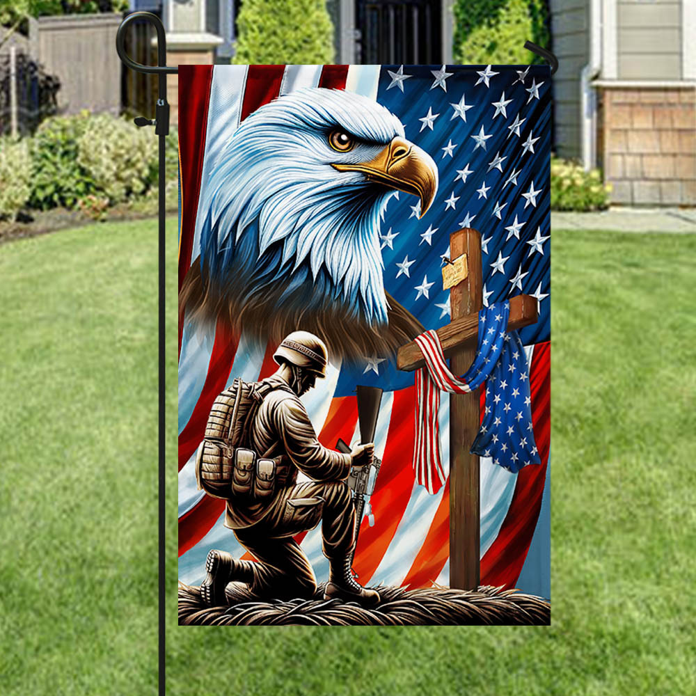 Veterans Day flag, Patriotic Eagle Veteran Kneeling Soldier Christ Cross Memorial Day American Flag （ BUY 2 FREE SHIPPING)
