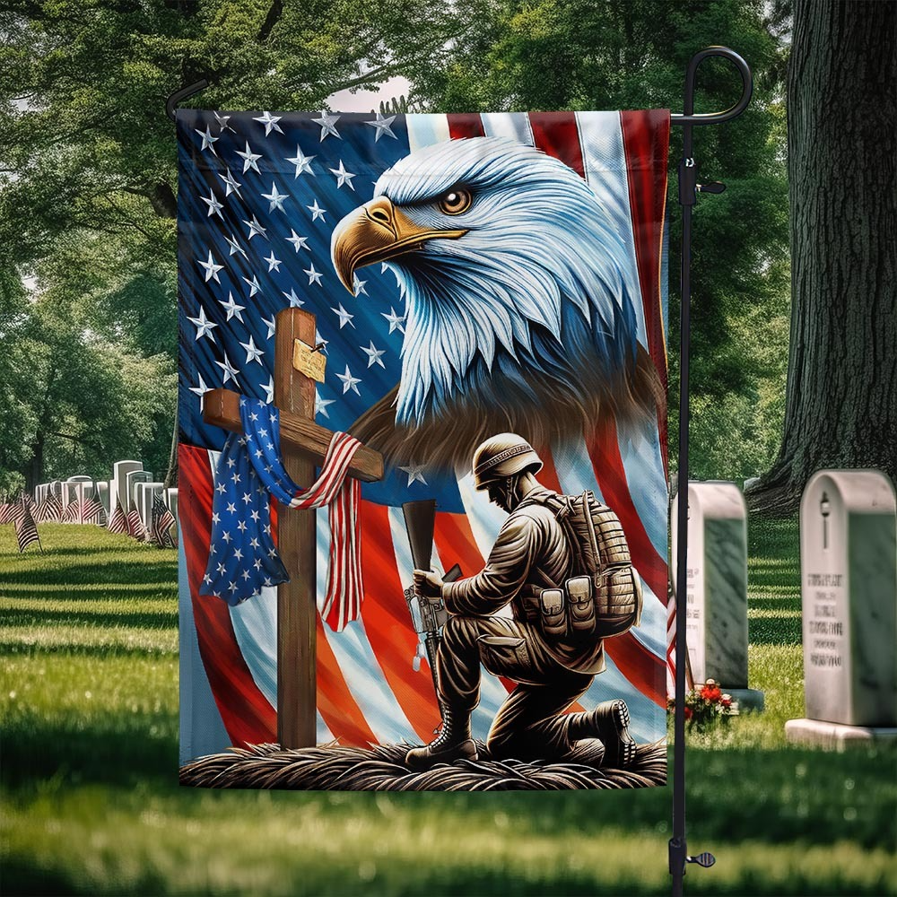 Veterans Day flag, Patriotic Eagle Veteran Kneeling Soldier Christ Cross Memorial Day American Flag （ BUY 2 FREE SHIPPING)