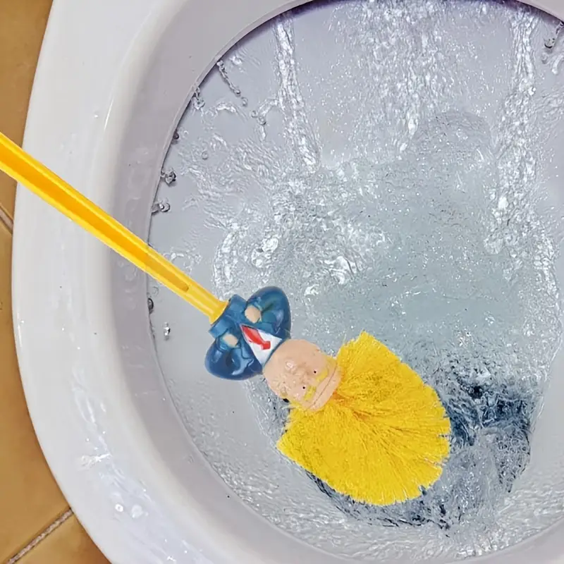 1pc   style toilet brush and holder funny novelty bathroom cleaning tool no batteries required perfect prank gift for   durable plastic with yellow bristles and blue suit figure design floor cleaning accessory unique toilet brush durable plastic brush details 2