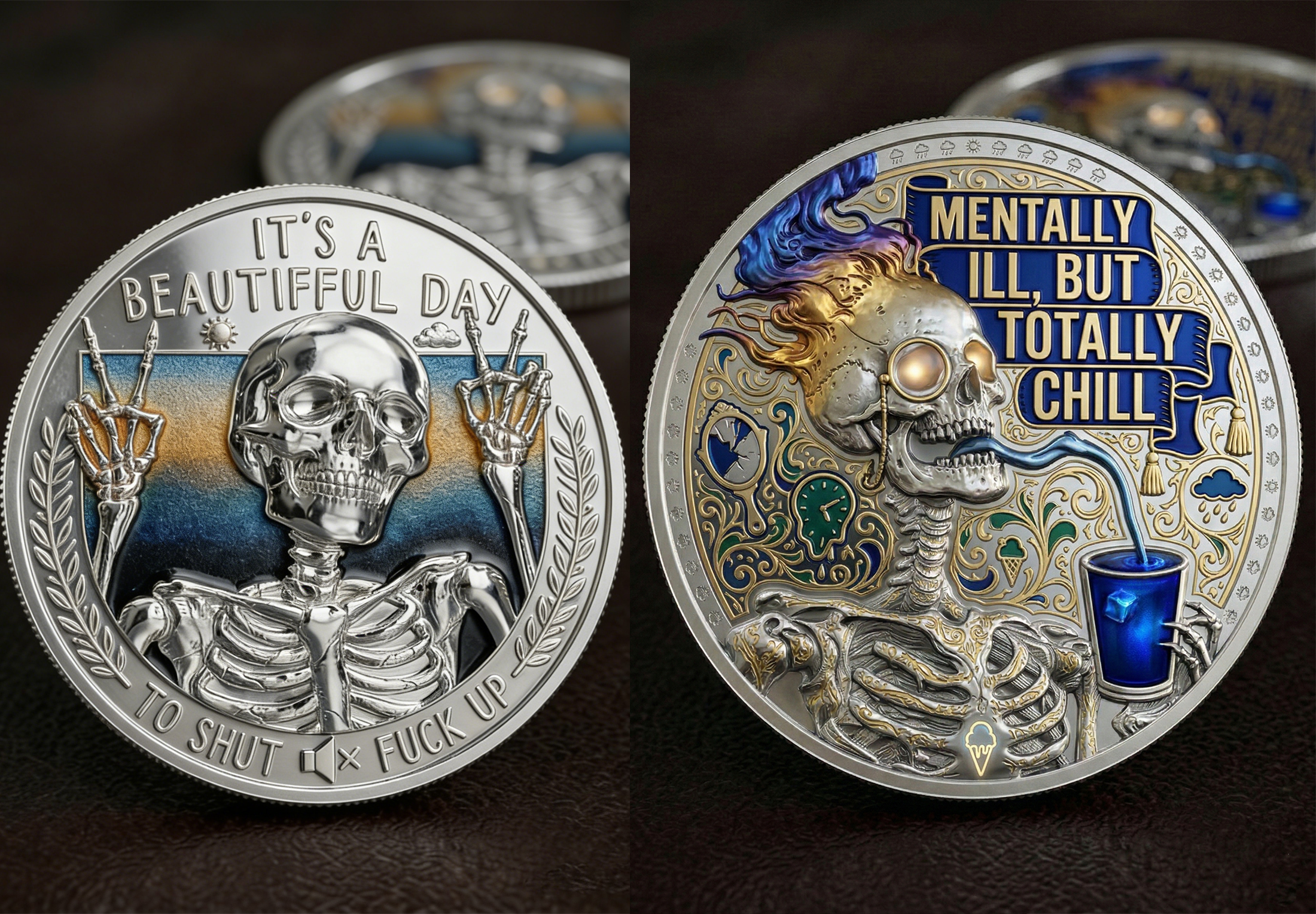 Mentally Ill But Totally Chill | Premium 3D Skeleton "STFU" Challenge Coin – The Ultimate Mood
