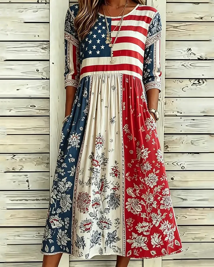 ⚡️Last Day 49% OFFWomen's Flag Floral Print Pocket Casual Dress