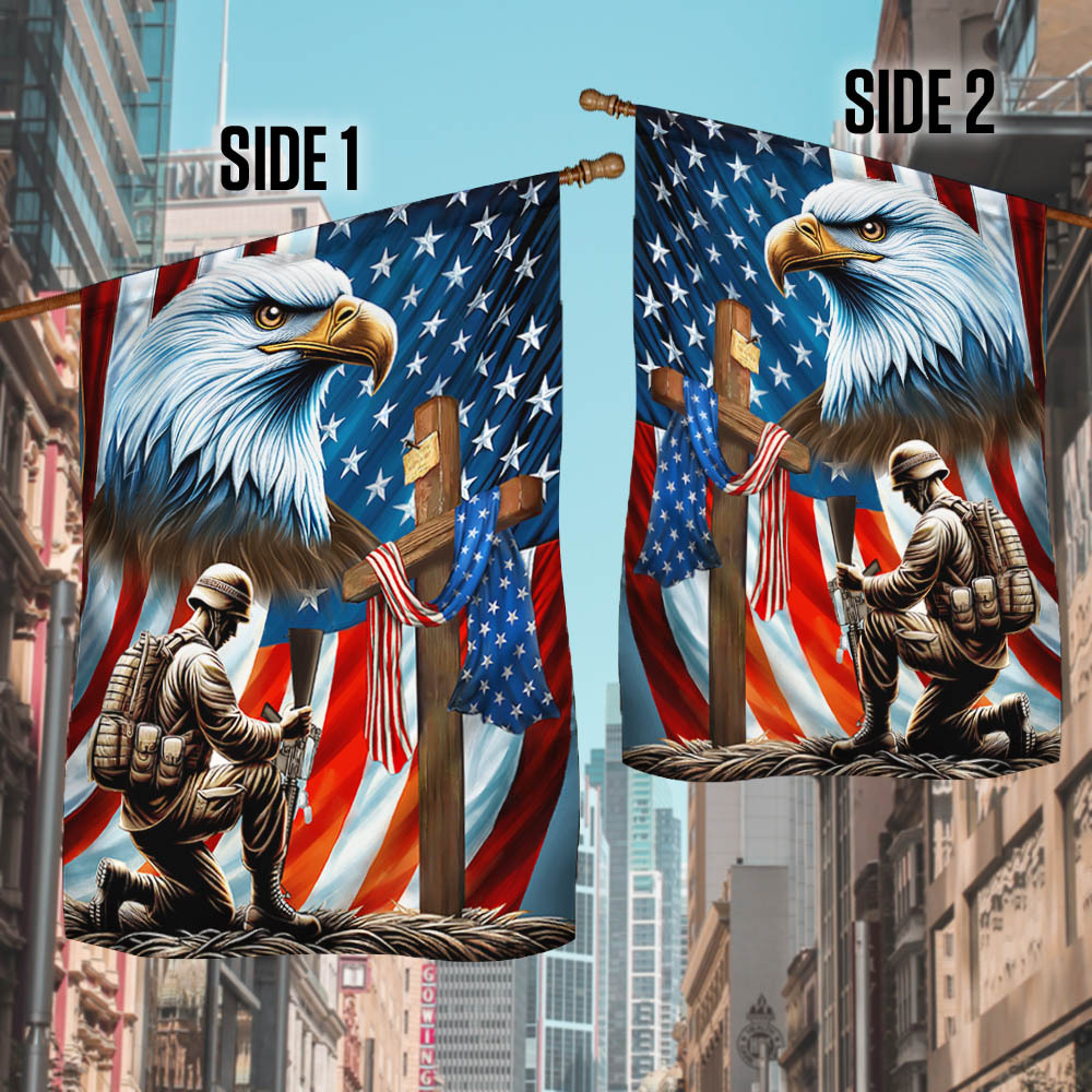 Veterans Day flag, Patriotic Eagle Veteran Kneeling Soldier Christ Cross Memorial Day American Flag （ BUY 2 FREE SHIPPING)
