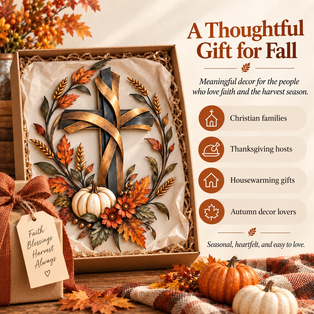 ✝️🍂 Autumn Cross & Pumpkin Harvest Metal Wall Decor (Free Shipping)
