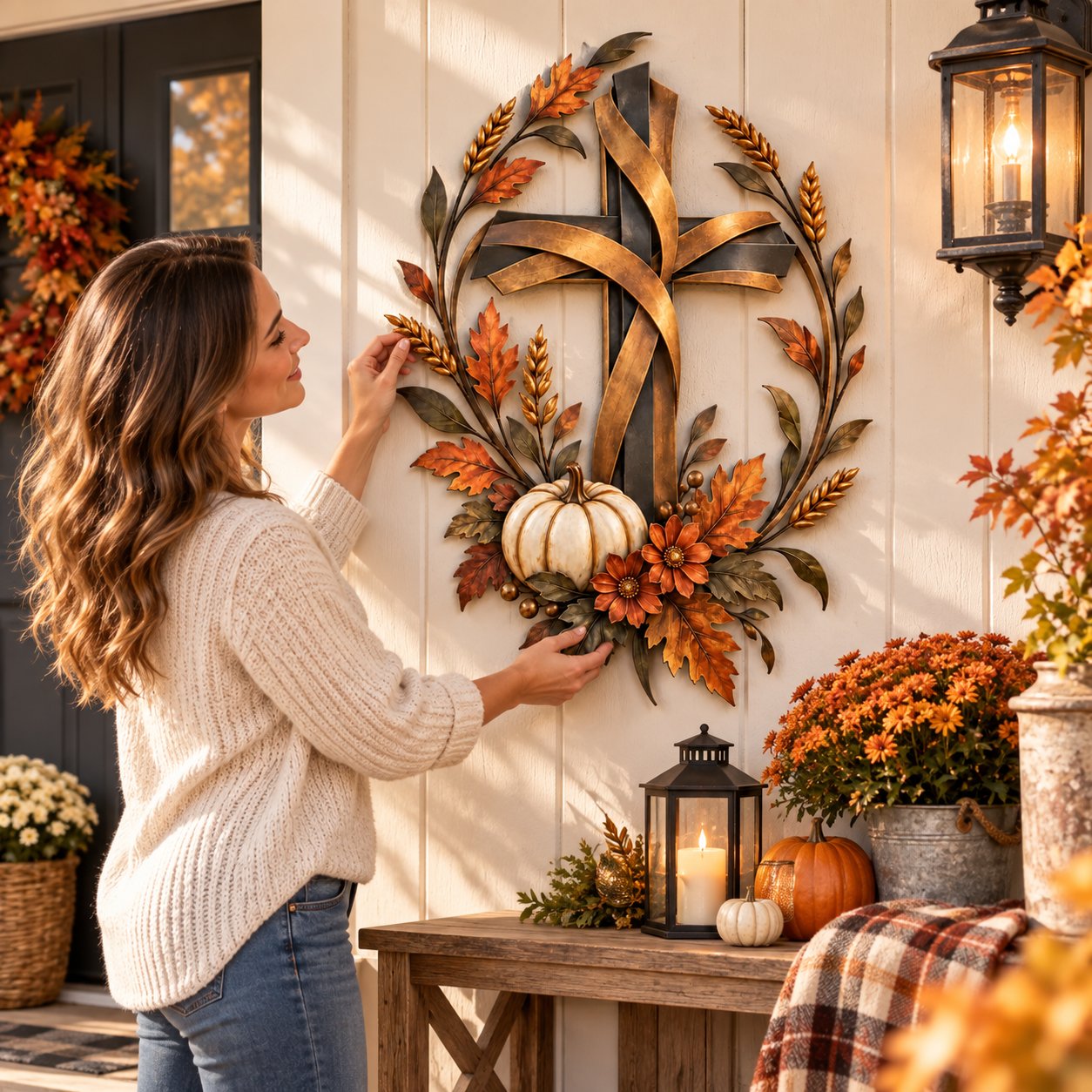✝️🍂 Autumn Cross & Pumpkin Harvest Metal Wall Decor (Free Shipping)