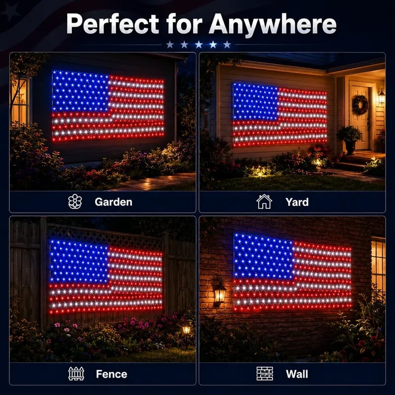🔥Solar American Flag Lights Outdoor American Flag Net Lights 6.5ft x 3.28ft Super Bright