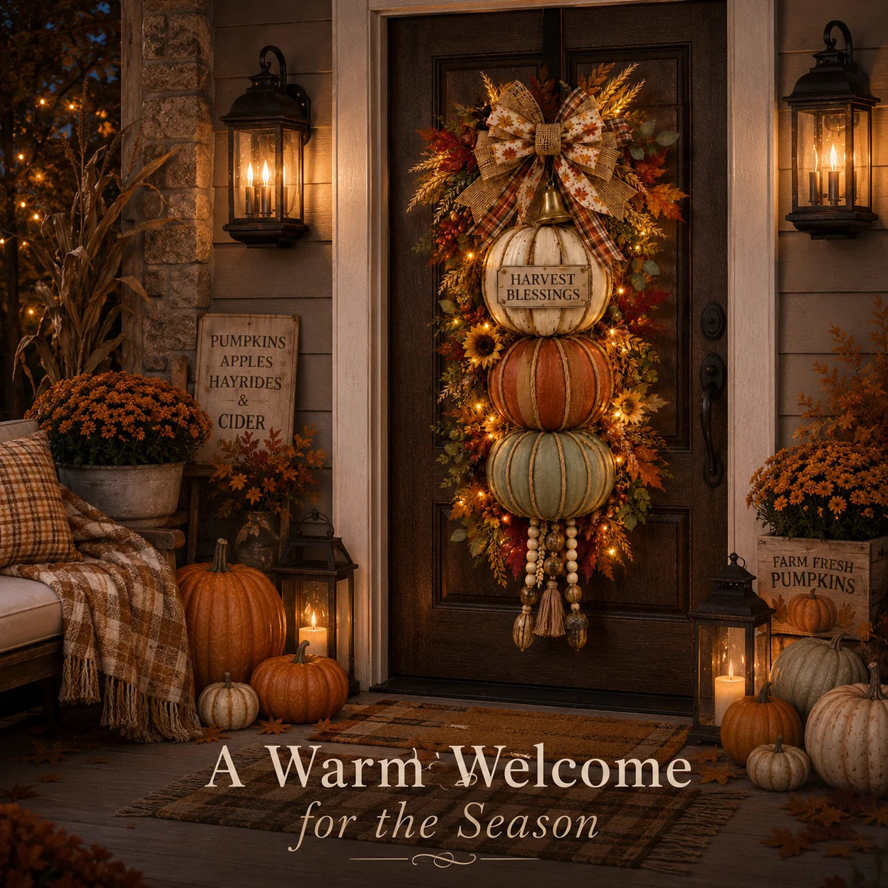 Layered stacked pumpkin fall decor details
