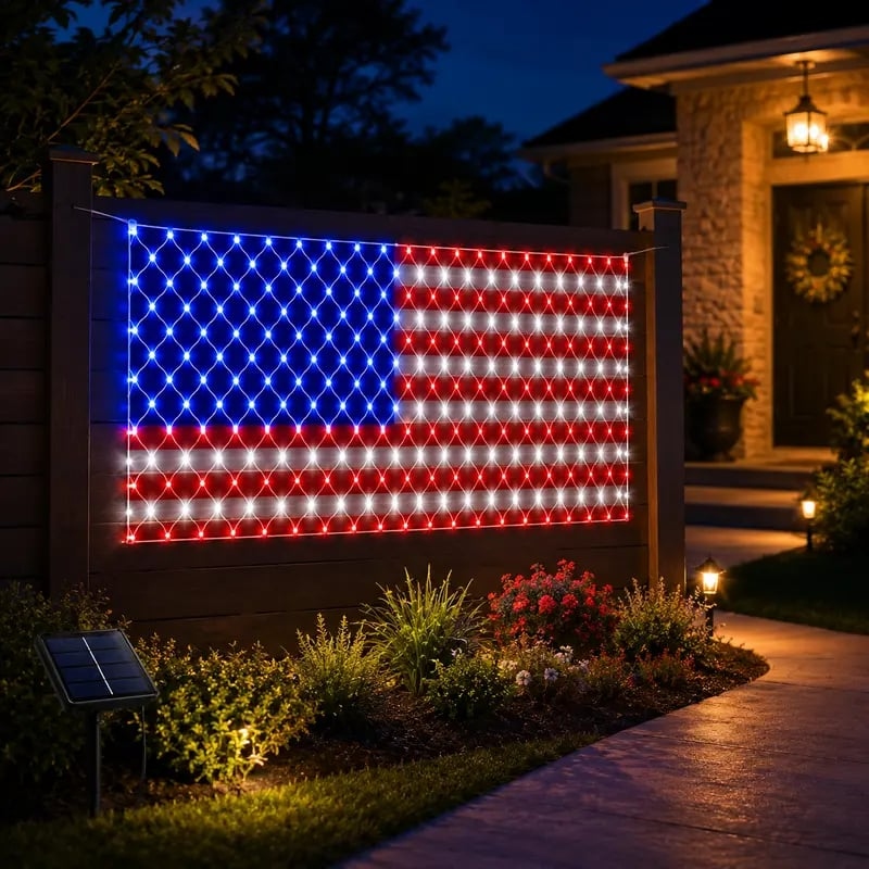 🔥Solar American Flag Lights Outdoor American Flag Net Lights 6.5ft x 3.28ft Super Bright