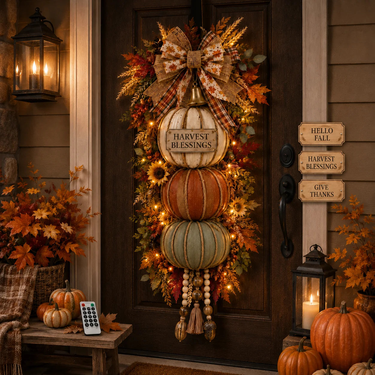 Lighted stacked pumpkin fall door decor