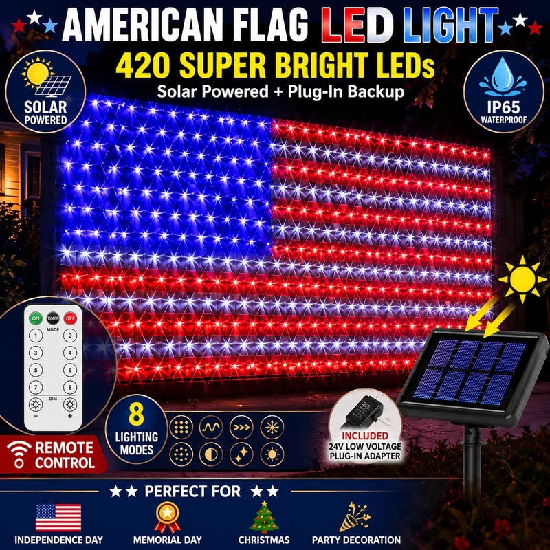 🔥Solar American Flag Lights Outdoor American Flag Net Lights 6.5ft x 3.28ft Super Bright