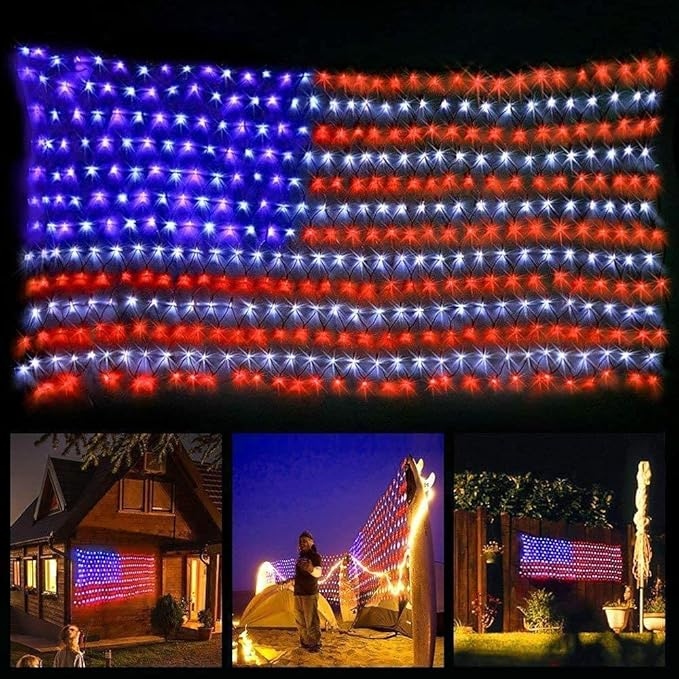 🔥Solar American Flag Lights Outdoor American Flag Net Lights 6.5ft x 3.28ft Super Bright