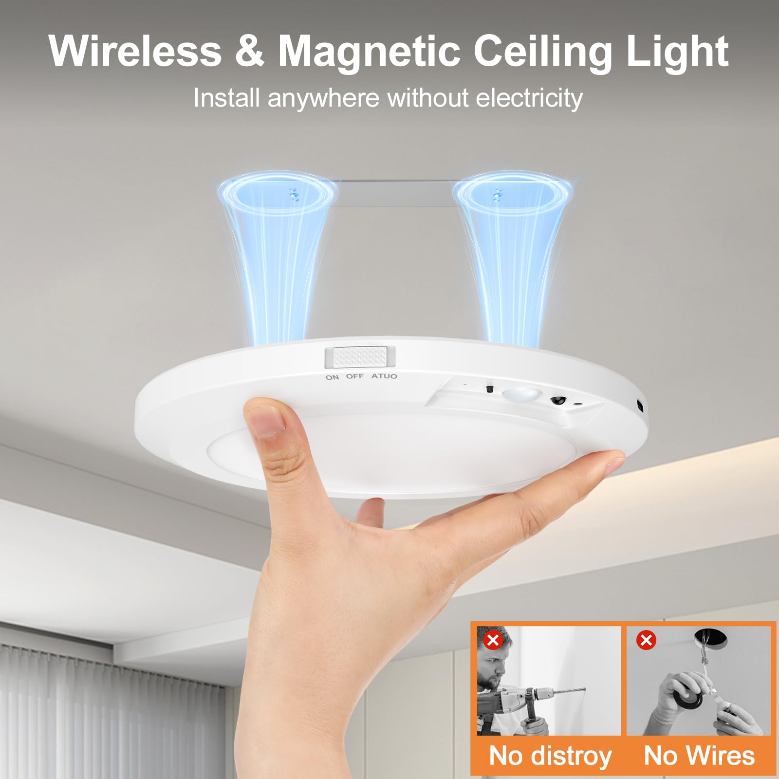 Upgraded Wireless Rechargeable Motion Sensor Ceiling Light with Remote