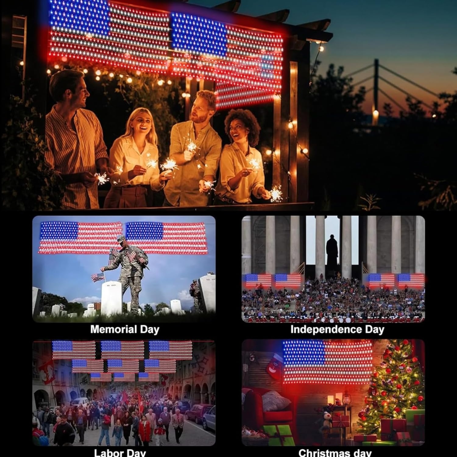 🔥Solar American Flag Lights Outdoor American Flag Net Lights 6.5ft x 3.28ft Super Bright