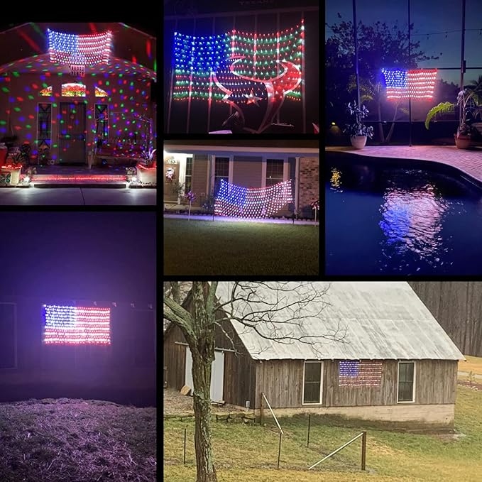 🔥Solar American Flag Lights Outdoor American Flag Net Lights 6.5ft x 3.28ft Super Bright