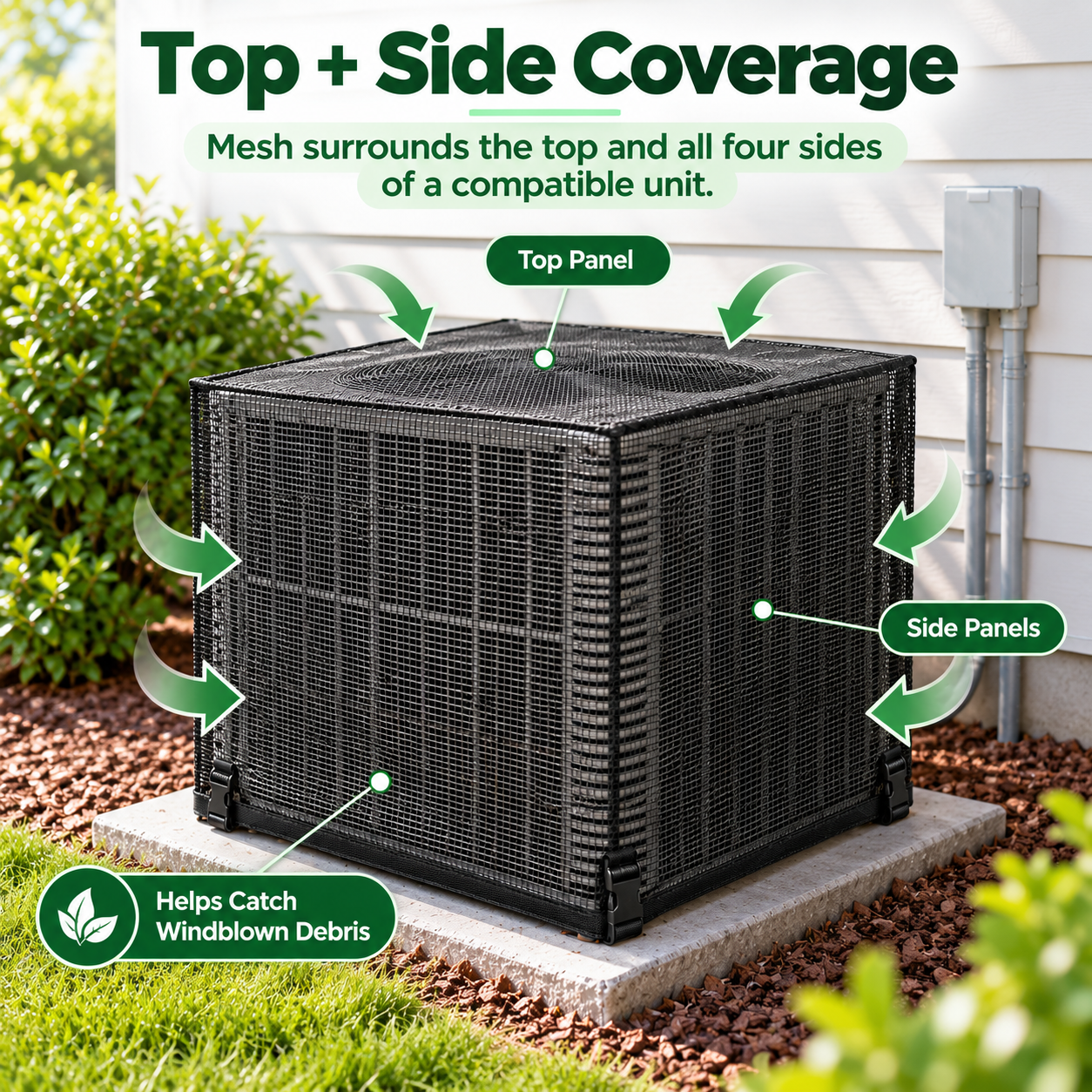 Mesh coverage over the top and all four sides of a compatible outdoor AC unit
