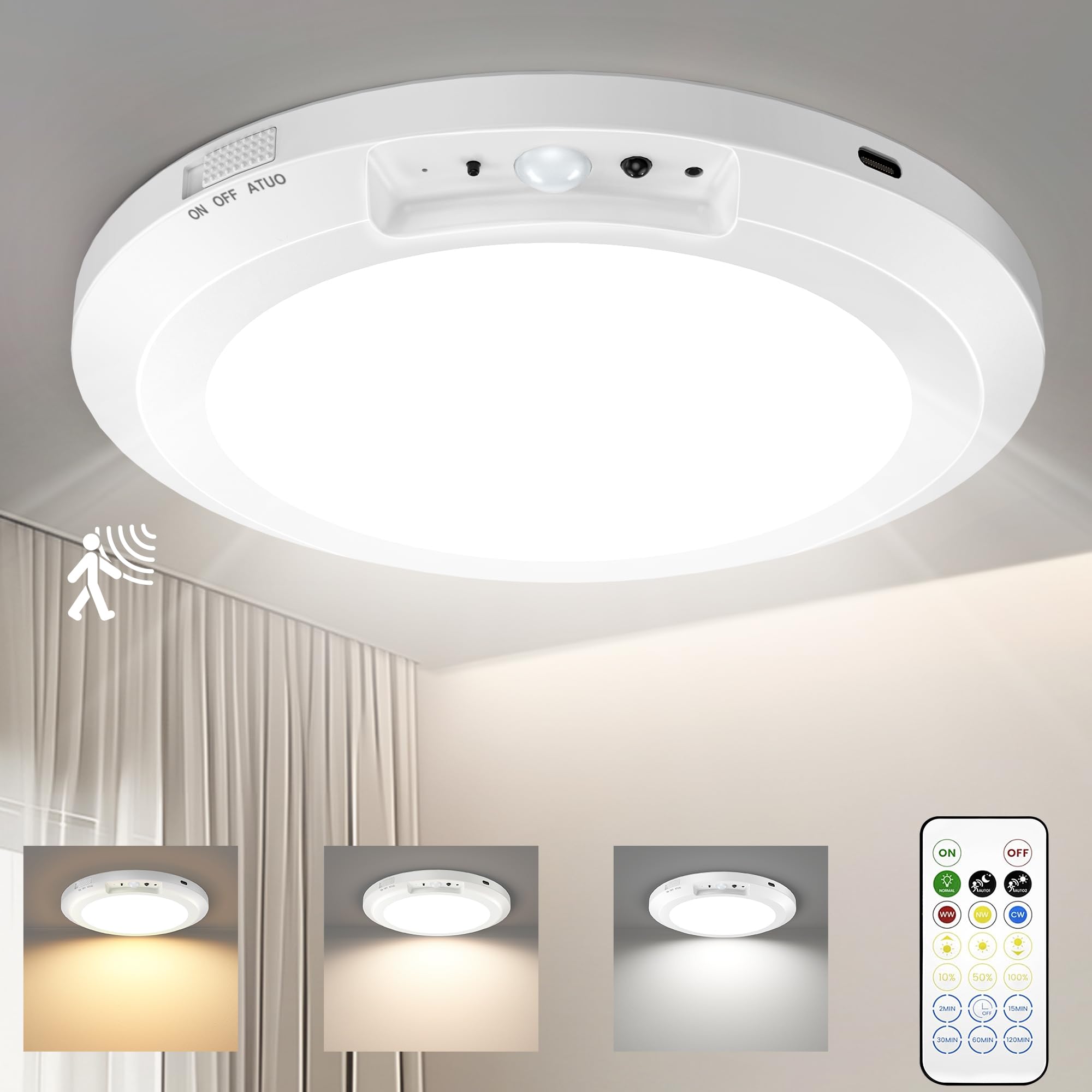 Upgraded Wireless Rechargeable Motion Sensor Ceiling Light with Remote